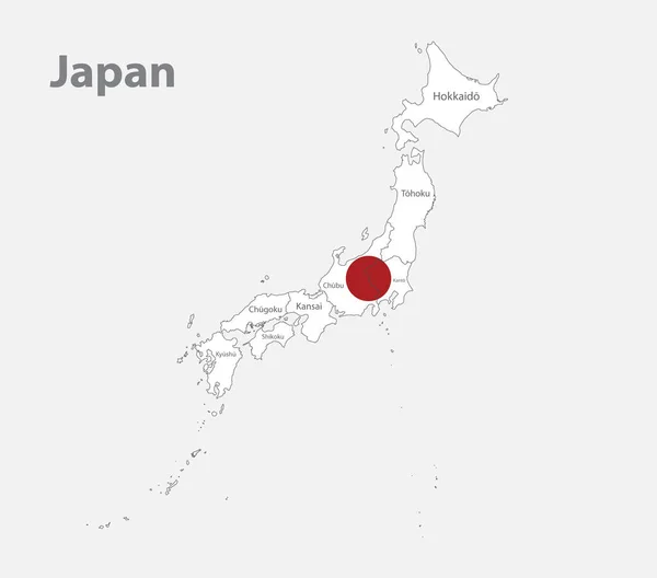 Şimdiki Bölgeler Isim Vektörleriyle Birlikte Bayrağın Renginde Japonya Haritası — Stok Vektör