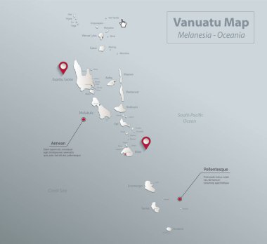 Vanuatu haritası, isimleri ve şehri olan adalar, mavi beyaz kart kağıdı 3D vektör