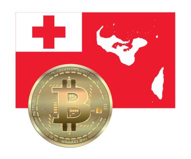 Tonga bayrağı ve Bitcoin altınlı harita, beyaz arka planda izole edilmiş, boş