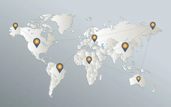 世界地図 ビットコインネットワークと位置情報 青白カード紙3Dラスター — ストック写真