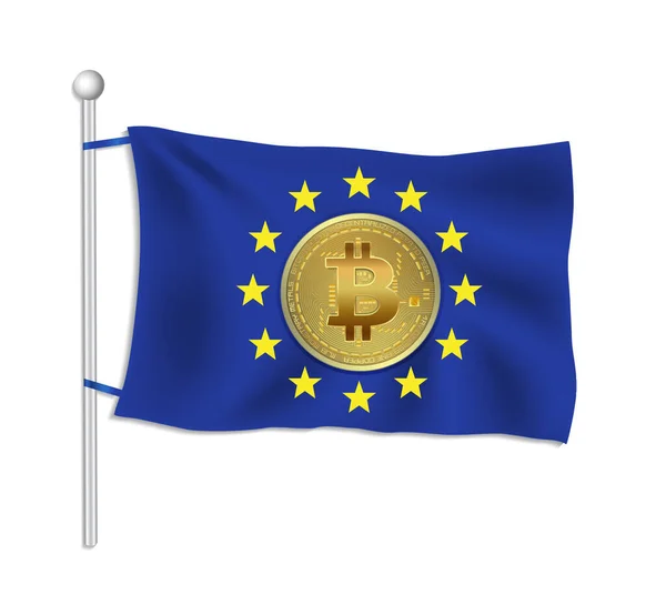 Europese Unie Vlag Met Bitcoin Gouden Munt Witte Achtergrond Vector — Stockvector