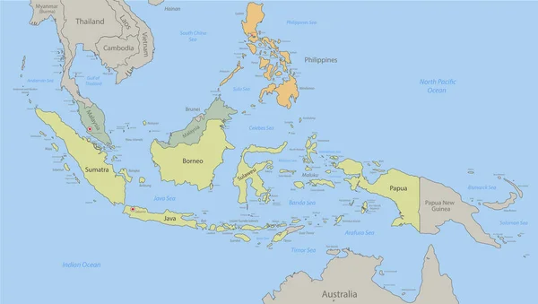 Indonesia Malasia Filipinas Mapa Islas Color Clásico Estados Individuales Ciudad — Vector de stock