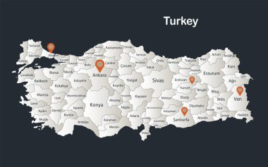 Türkiye haritası, Infographics düz tasarım renkleri, bireysel bölge vektörlerinin isimleriyle kar beyazı