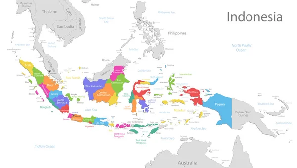 Indonesia Mapa División Administrativa Con Nombres Regiones Mapa Colores Aislado — Vector de stock