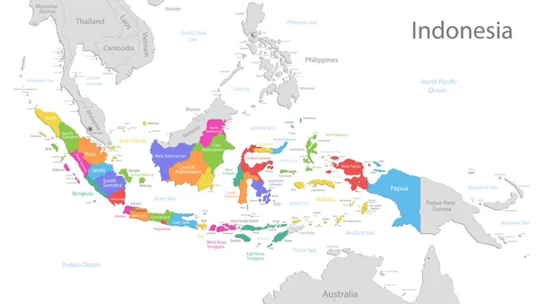 Карта Індонезії Адміністративний Поділ Назвами Регіонів Колір Мапи Ізольований Білому — стоковий вектор