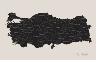 Bölgelerin isimleriyle Türkiye 'nin kara haritası, kara tahta taşıyıcı tasarımı