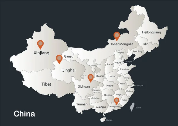 Čína Mapa Infographics Plochý Design Barvy Sněhobílé Názvy Jednotlivých Regionů — Stockový vektor