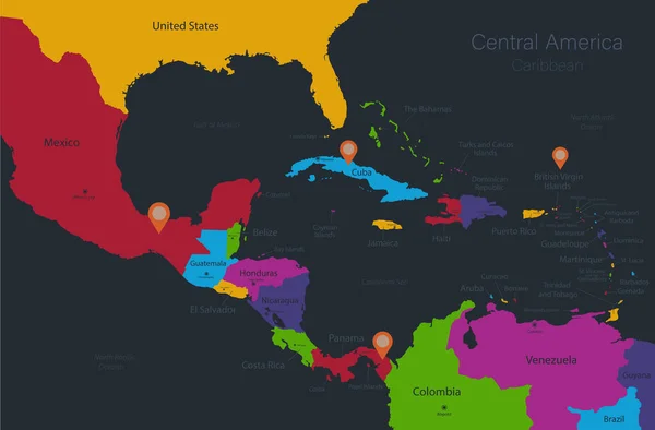 Bilgi Grafikleri Orta Amerika Karayip Adaları Haritası Düz Tasarım Renkleri — Stok Vektör