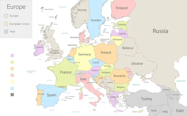 欧洲与欧盟和亚洲部分地区的地图划分国家向量 — 图库矢量图片
