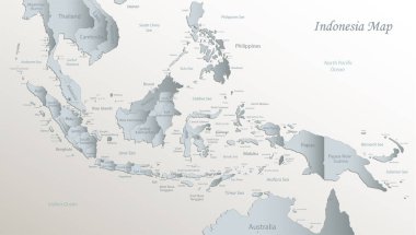 Endonezya haritası, isimlerle idari bölüm, beyaz mavi kart kağıdı 3D vektör