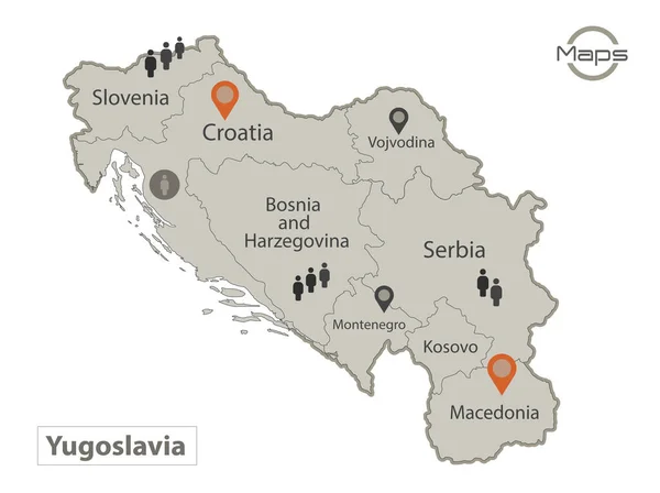 Yugoslavia Mapa Regiones Individuales Con Nombres Infografías Iconos Vector — Vector de stock