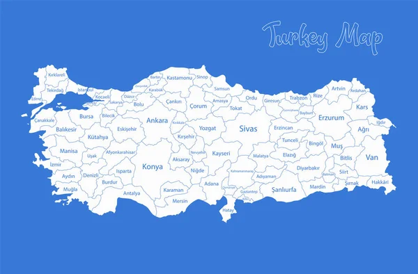 Turkey Map Administrative Divisions Whit Names Regions Blue Background Vector — Stock Vector