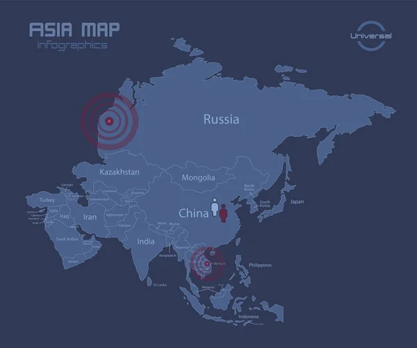 Asia Map Names Individual States Infographics Blue Flat Design Vector — Vettoriale Stock