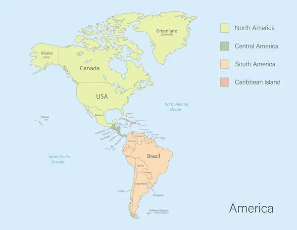 Mapa América Mapa Detallado Color Clásico Con Las Islas Los — Vector de stock