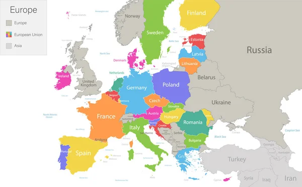 Europa Con Unione Europea Parti Dell Asia Mappa Multicolore Isolata — Vettoriale Stock