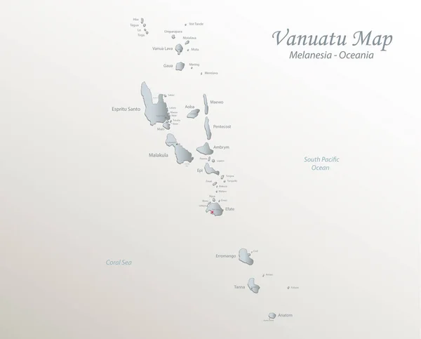 Карта Вануату Острови Місто Іменами Білий Блакитний Папір Вектор — стоковий вектор