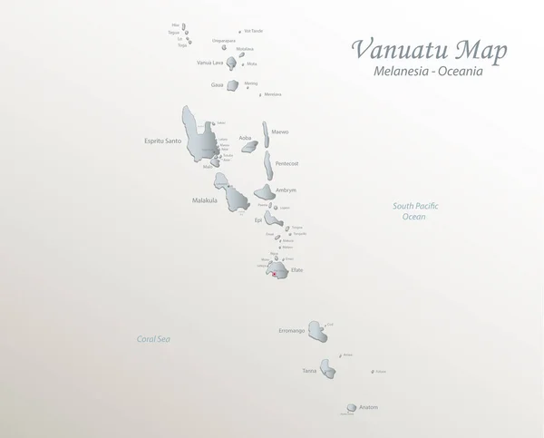 Vanuatu Χάρτη Νησιά Και Την Πόλη Ονόματα Λευκό Μπλε Κάρτα — Διανυσματικό Αρχείο