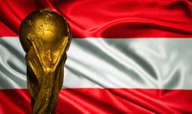 6 Ekim 2021 Viyana, Avusturya. Avusturya bayrağının arka planına karşı FIFA Dünya Kupası.