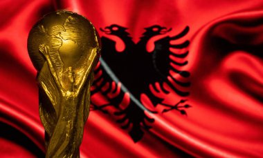 6 Ekim 2021 Tiran, Arnavutluk. FIFA Dünya Kupası Arnavutluk bayrağının arka planına karşı.