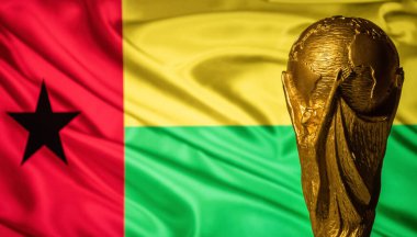6 Ekim 2021 Conakry, Gine. Gine bayrağının arka planında FIFA Dünya Kupası.