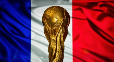 6 Ekim 2021, Paris, Fransa. Fransa bayrağının arka planında FIFA Dünya Kupası.