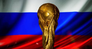 6 Ekim 2021 Moskova, Rusya. Rusya bayrağının arka planında FIFA Dünya Kupası.