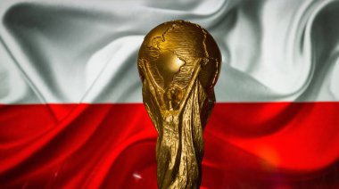 6 Ekim 2021 Varşova, Polonya. Polonya bayrağının arka planına karşı Dünya Futbol Kupası.