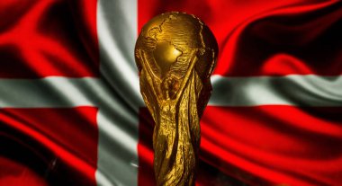 6 Ekim 2021 Kopenhag, Danimarka. FIFA Dünya Kupası Danimarka bayrağının arka planında.