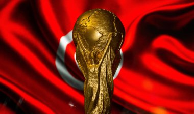 6 Ekim 2021, Tunus, Tunus. Tunus bayrağının arka planında FIFA Dünya Kupası.