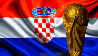 6 Ekim 2021, Zagreb, Hırvatistan. Hırvatistan bayrağının arka planında FIFA Dünya Kupası.