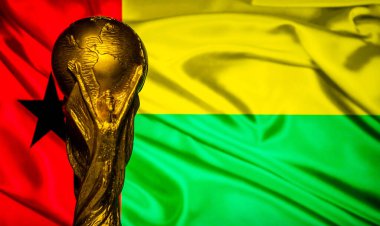 6 Ekim 2021 Conakry, Gine. Gine bayrağının arka planında FIFA Dünya Kupası.