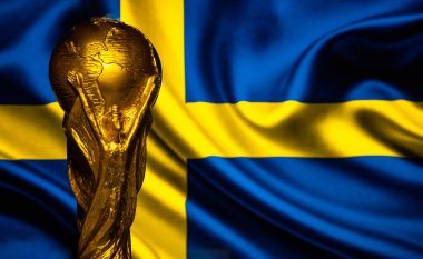 6 Ekim 2021, Stockholm, İsveç. İsveç bayrağının arka planında FIFA Dünya Kupası.