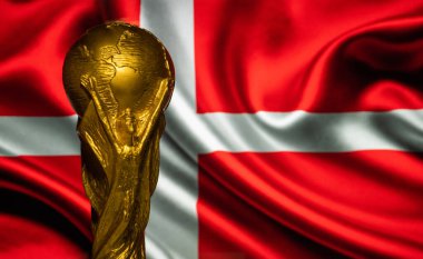 6 Ekim 2021 Kopenhag, Danimarka. FIFA Dünya Kupası Danimarka bayrağının arka planında.
