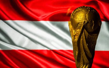 6 Ekim 2021 Viyana, Avusturya. Avusturya bayrağının arka planına karşı FIFA Dünya Kupası.