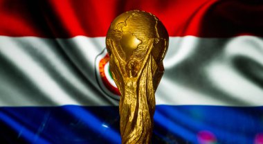 6 Ekim 2021, Asuncion, Paraguay. FIFA Dünya Kupası Paraguay bayrağının arka planında.