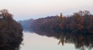 Sonbaharda gün batımında Oka Nehri kıyısında yaprakları dökülen ağaçlar..