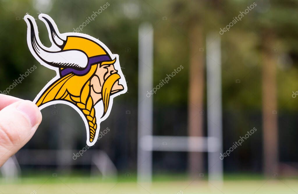September 16, 2021, Minneapolis, Minnesota, USA. Emblem of a professional American football team Minnesota Vikings based in Minneapolis at the sports stadium.