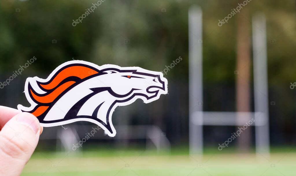 September 16, 2021, Denver, Colorado. Emblem of a professional American football team Denver Broncos based in Denver at the sports stadium.