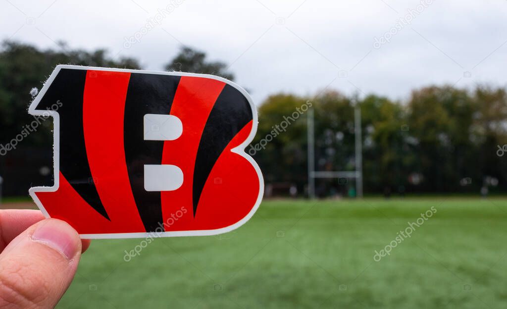 September 16, 2021, Cincinnati, Ohio. The emblem of a professional American football team Cincinnati Bengals based in Cincinnati at the sports stadium.