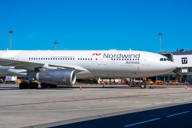 11 Mayıs 2021, Moskova, Rusya. Nordwind Havayolları 'nın uçağı Sheremetyevo havaalanında..