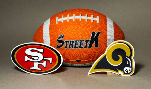 stock image January 25, 2022. Inglewood, California. The emblems of the football clubs participating in the National Football League playoffs Los Angeles Rams and San Francisco 49ers.