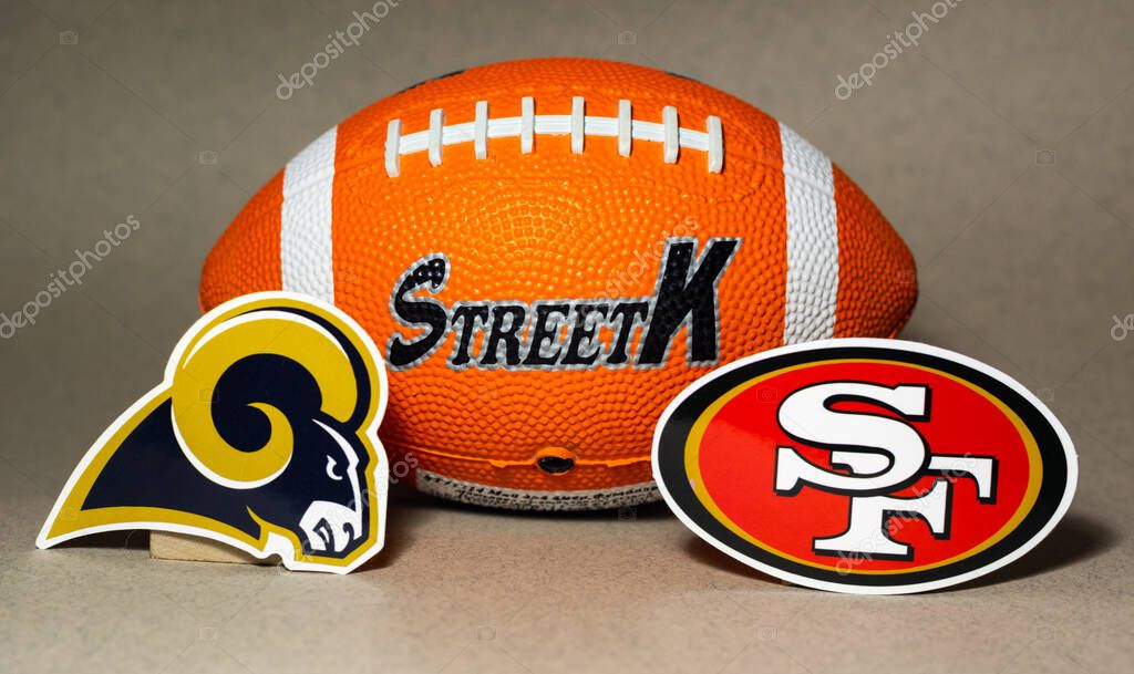 January 25, 2022. Inglewood, California. The emblems of the football clubs participating in the National Football League playoffs Los Angeles Rams and San Francisco 49ers.