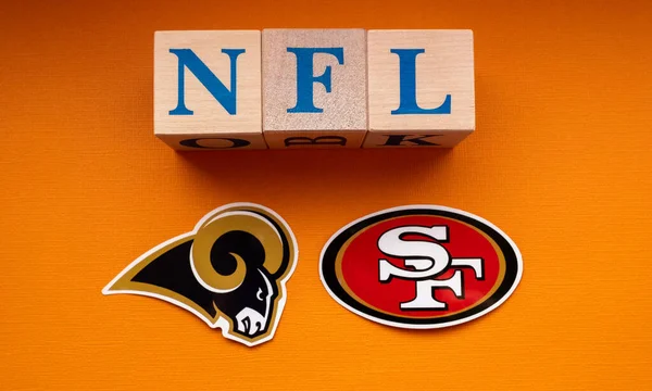 stock image January 25, 2022. Inglewood, California. The emblems of the football clubs participating in the National Football League playoffs Los Angeles Rams and San Francisco 49ers.