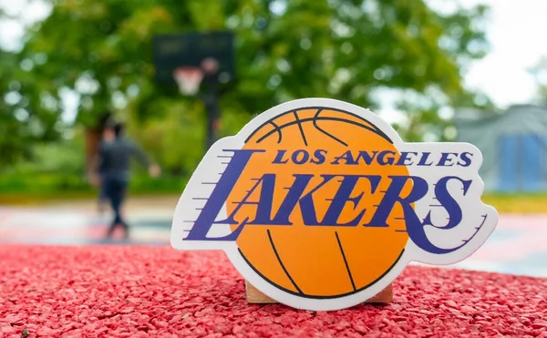 15 Eylül 2021, Los Angeles, ABD, Los Angeles Lakers spor sahasının amblemi.