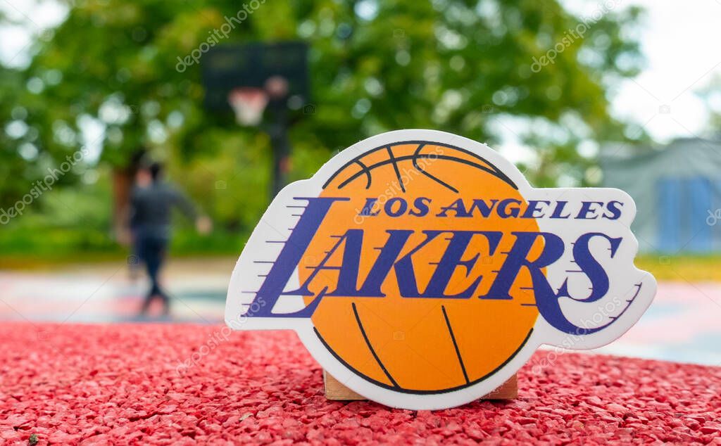 September 15, 2021, Los Angeles, USA, Los Angeles Lakers emblem on the sports ground.