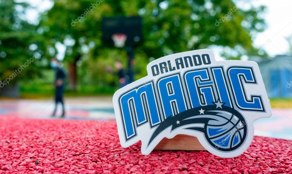 September 15, 2021, Orlando, USA, The emblem of the basketball club Orlando Magic on the sports field.