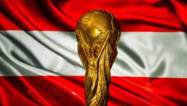 6 Ekim 2021 Viyana, Avusturya. Avusturya bayrağının arka planına karşı FIFA Dünya Kupası.