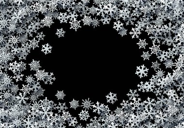 Noel kar taneleri, kış tatilleri için gümüş folyolu kar ile dağılmış kartlar.