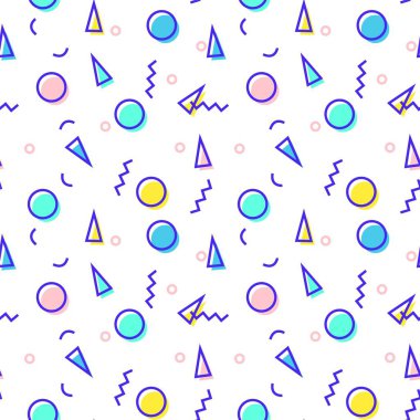 80 'lerin Memphis stili kusursuz desenli modern geometrik tekrarlayan garip renkli şekiller.