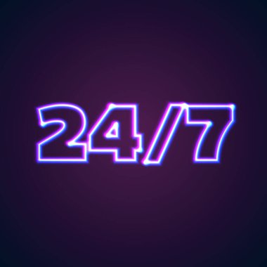7 / 24 açık neon ışığı, parlak mor ve mavi ışıklar.